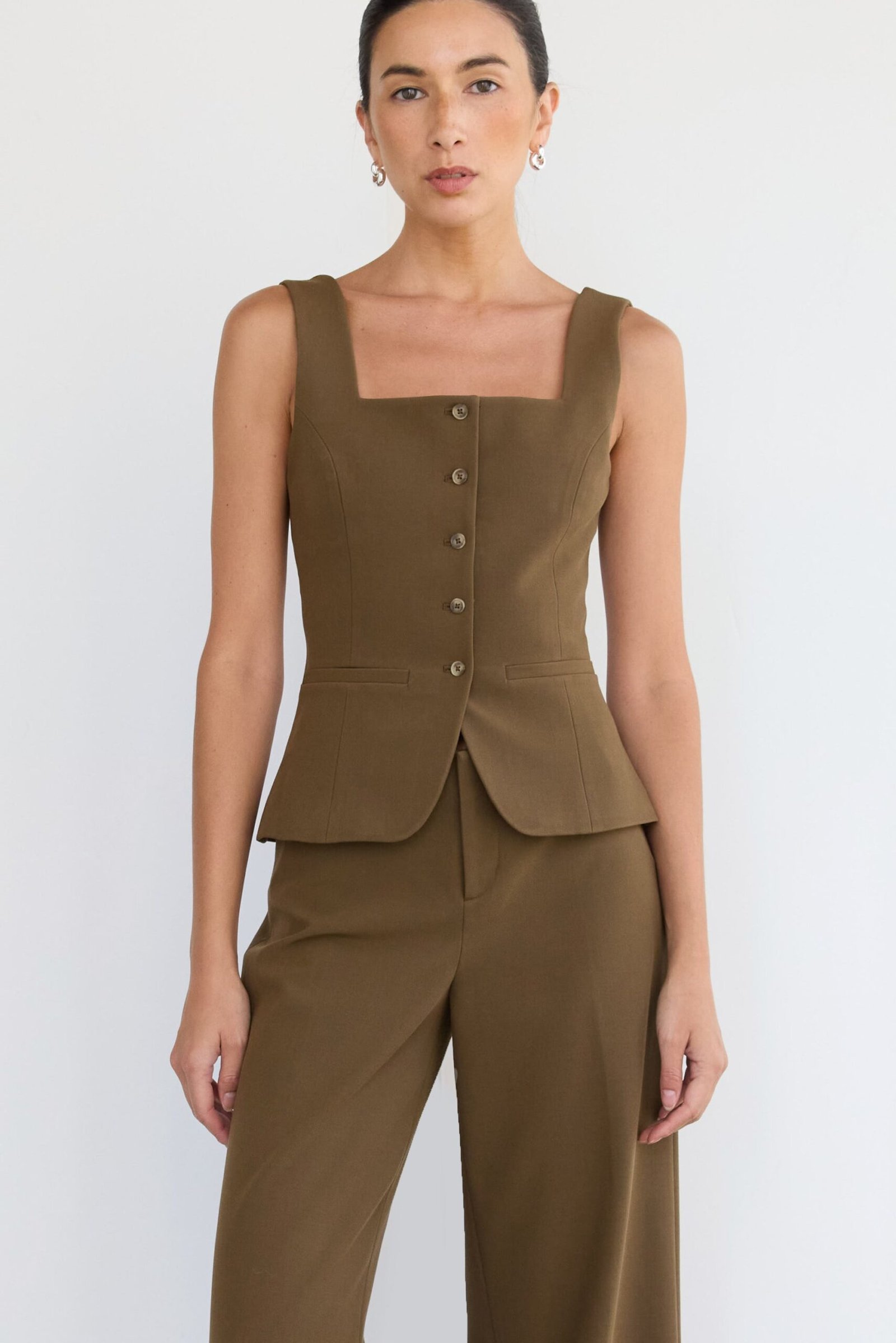 Blouse-14410_Teak_Brown-1.jpg Square Neck Suiting Vest - Image 1