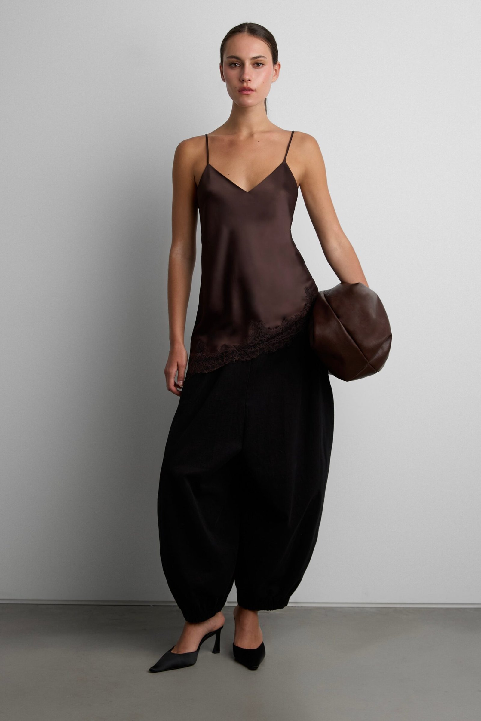 Blouse-15936_Coffee_Bean-1.jpg Asymmetrical Satin Lace Trim Tank Top - Image 1
