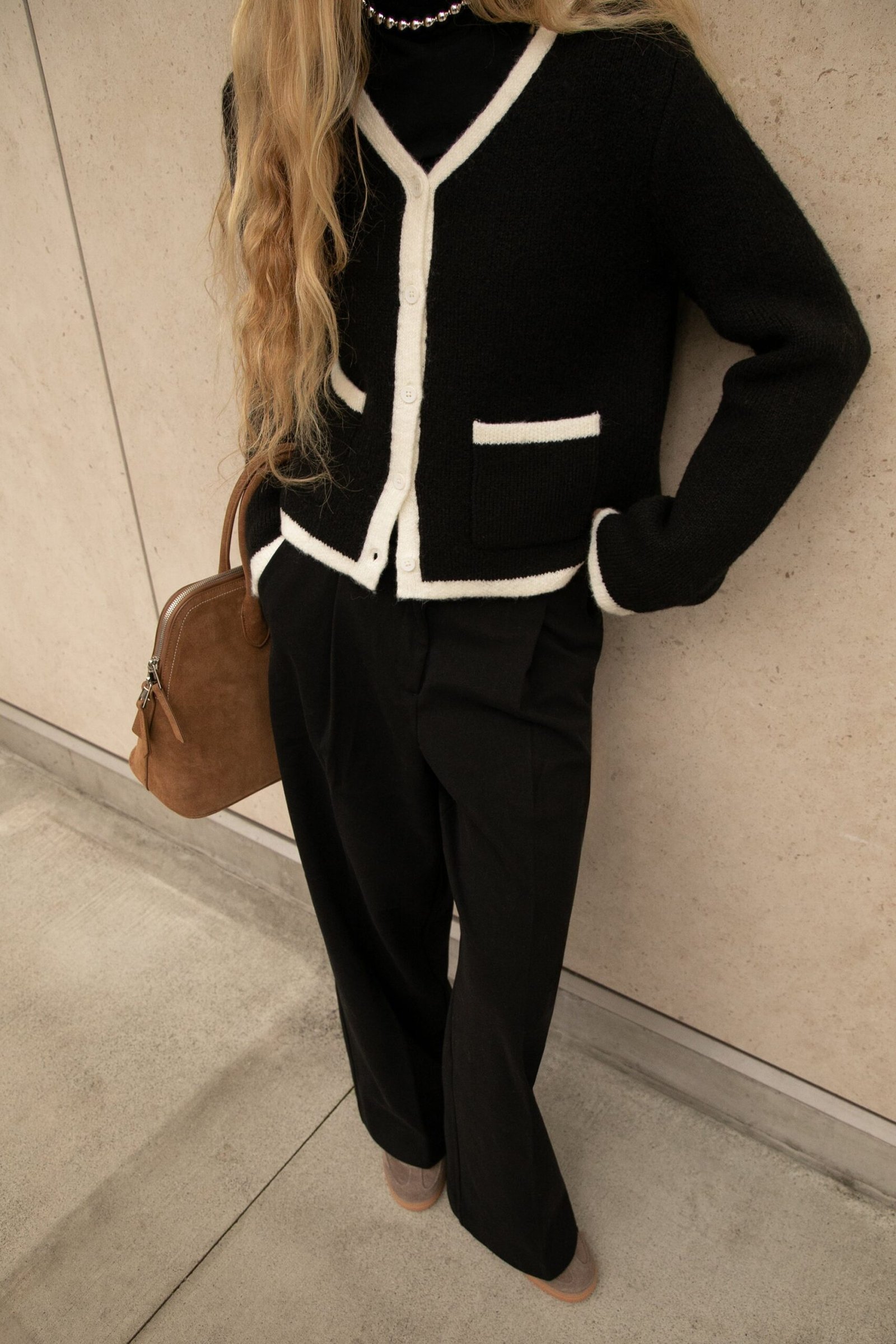 Cardigan-11277_Black_Cream-1.jpg Contrast Trim Button Up Cardigan - Image 1