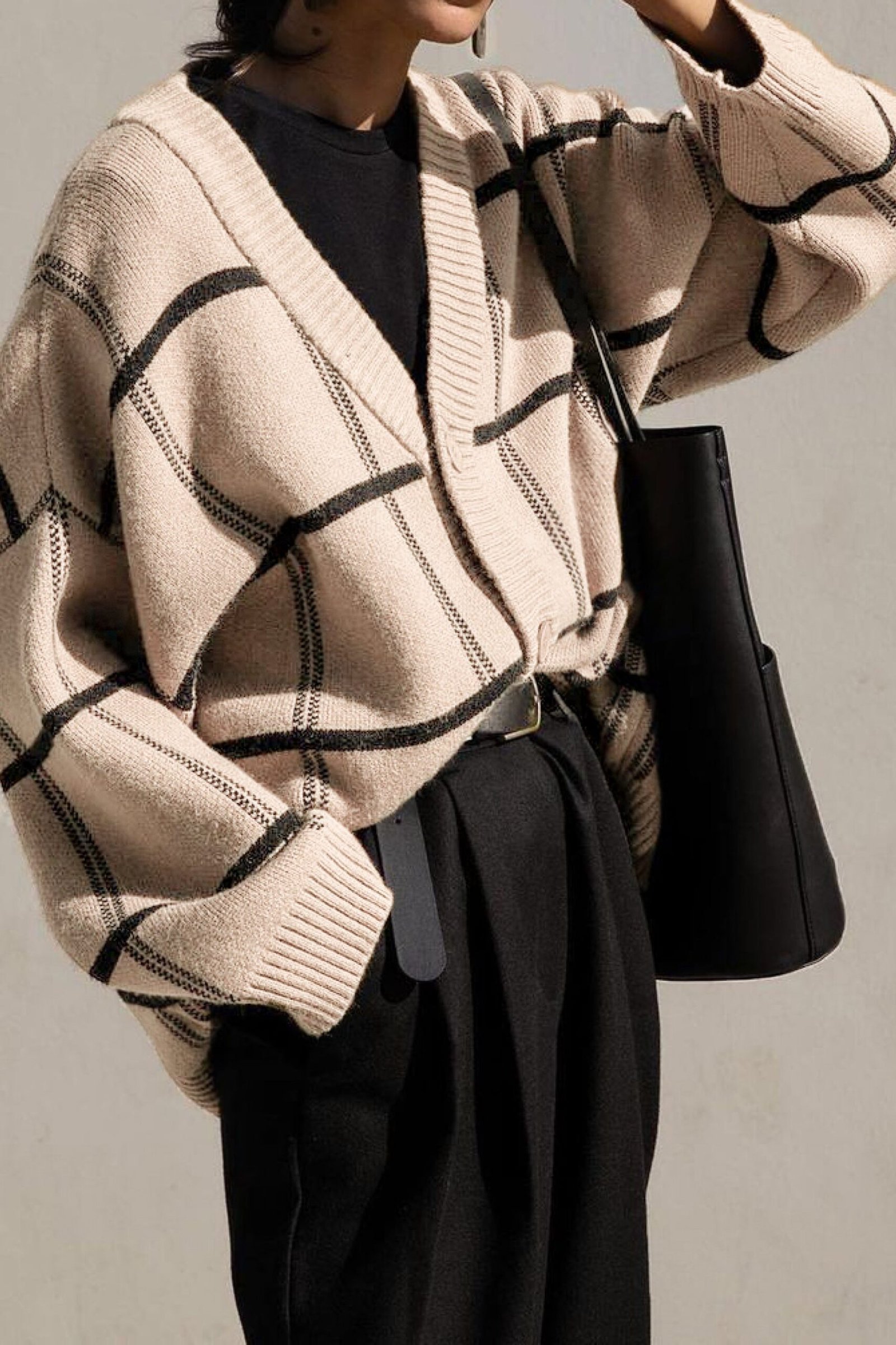 Cardigan-13050_Birch_Black-1.jpg Oversized Grid Button Front Cardigan - Image 1