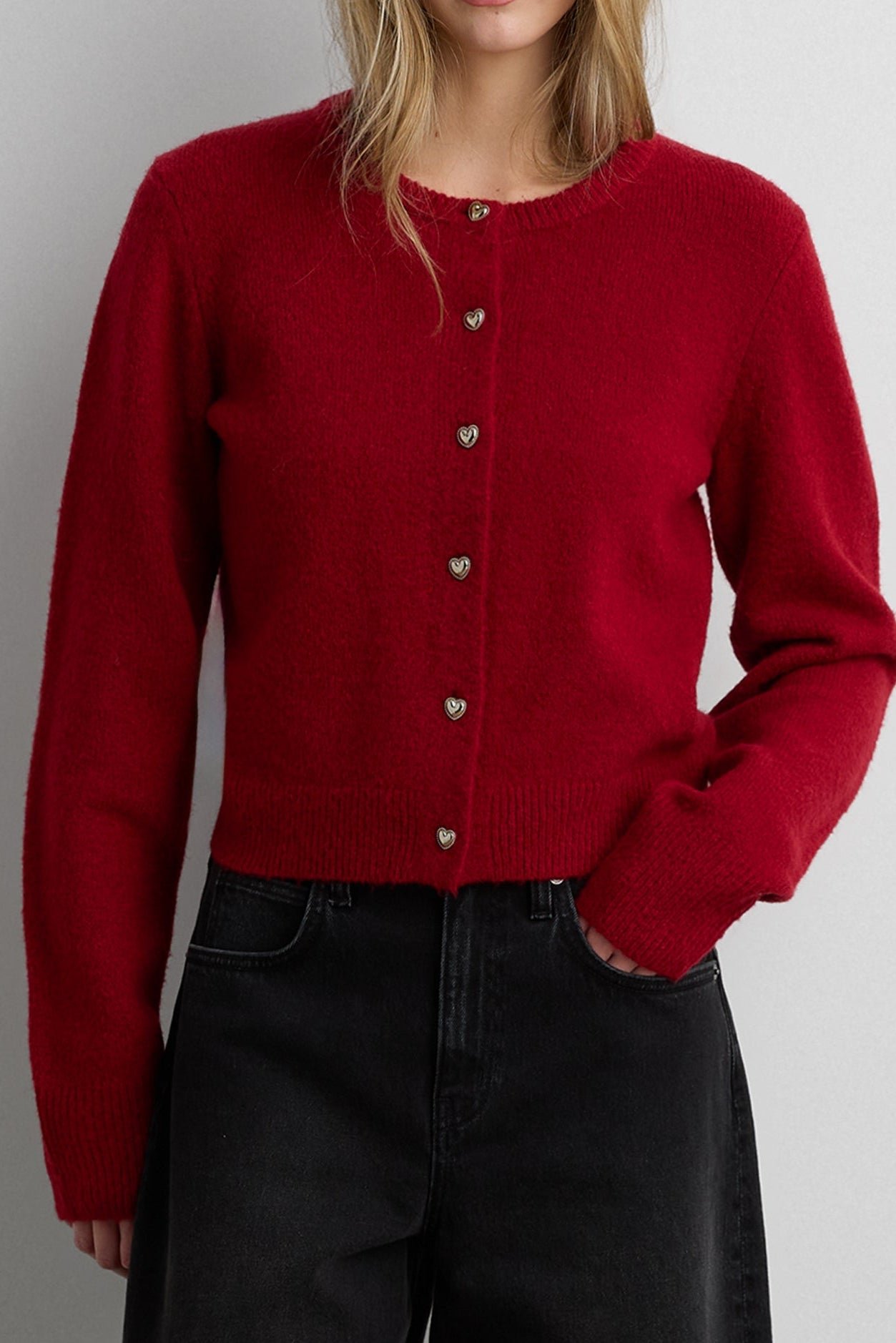 Cardigan-13350_Scarlet_Red-1.jpg Heart Button Front Cardigan - Image 1