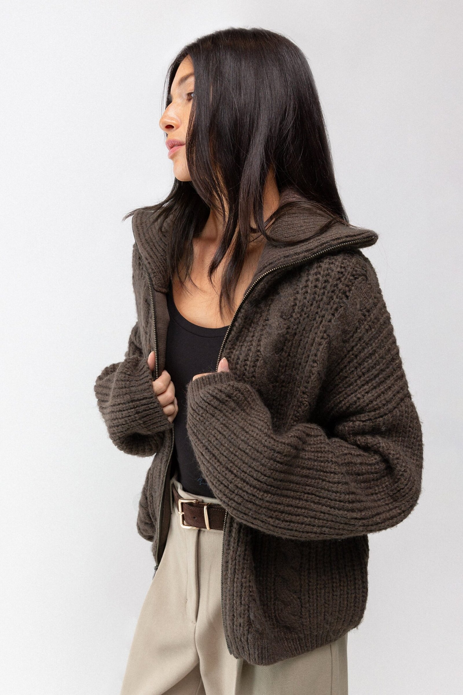 Cardigan-13381_Turkish_Coffee-1.jpg Cable Knit Collared Cardigan - Image 1