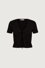 Cropped Short Sleeve Sweater With Open Front Ties - Image 2