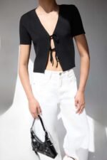 Cropped Short Sleeve Sweater With Open Front Ties - Image 4