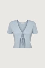 Cropped Short Sleeve Sweater With Open Front Ties - Image 6