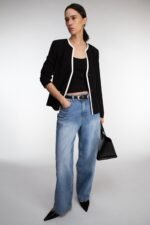 Contrast Trim Button Front Collarless Blazer - Image 5