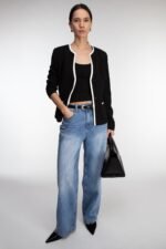 Contrast Trim Button Front Collarless Blazer - Image 6