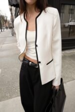 Contrast Trim Button Front Collarless Blazer