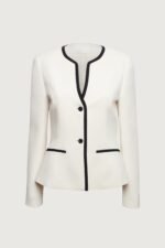 Contrast Trim Button Front Collarless Blazer - Image 4