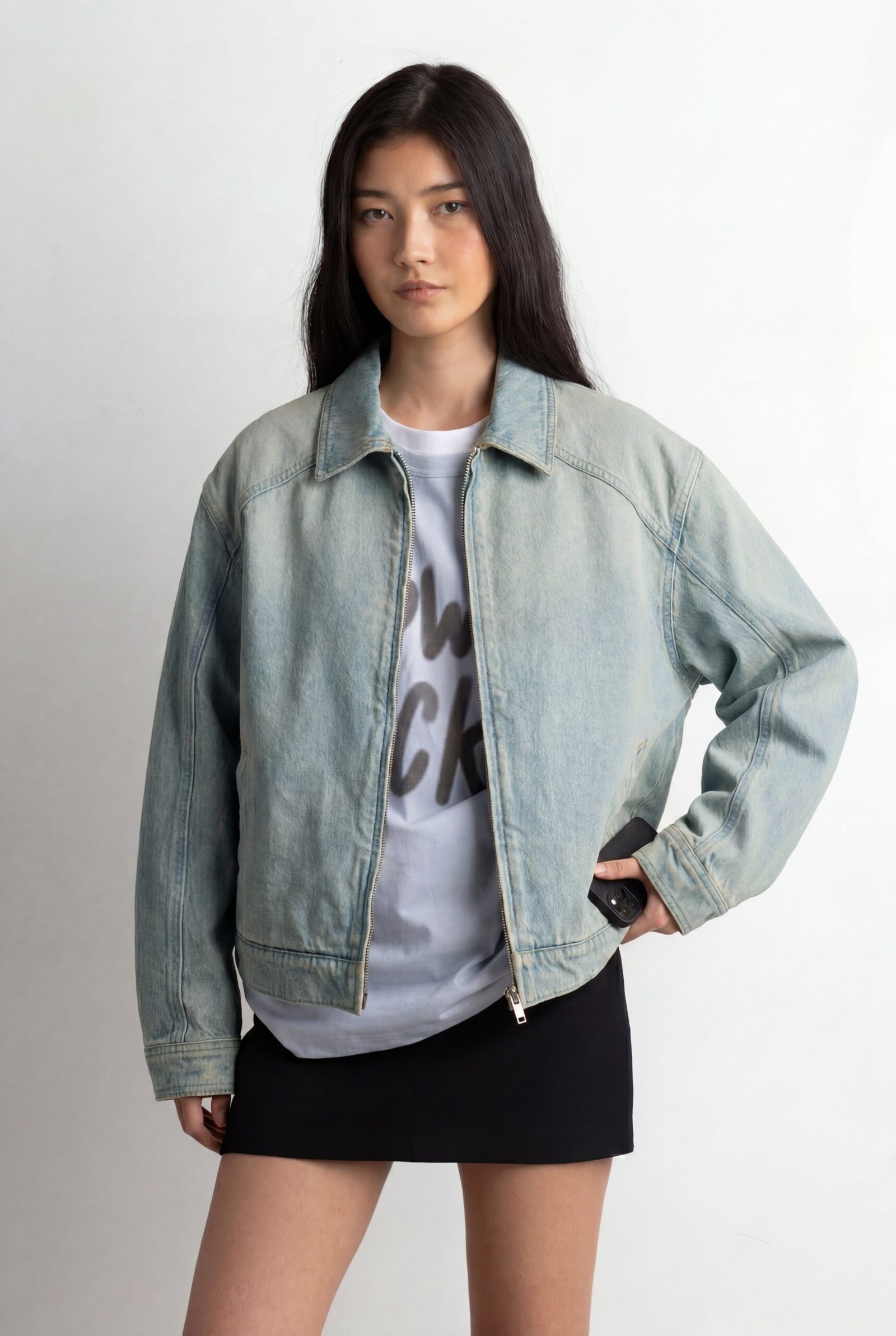 Coat-13833_Sand_Light_Wash_Denim-1.jpg Collared Denim Bomber Jacket - Image 1