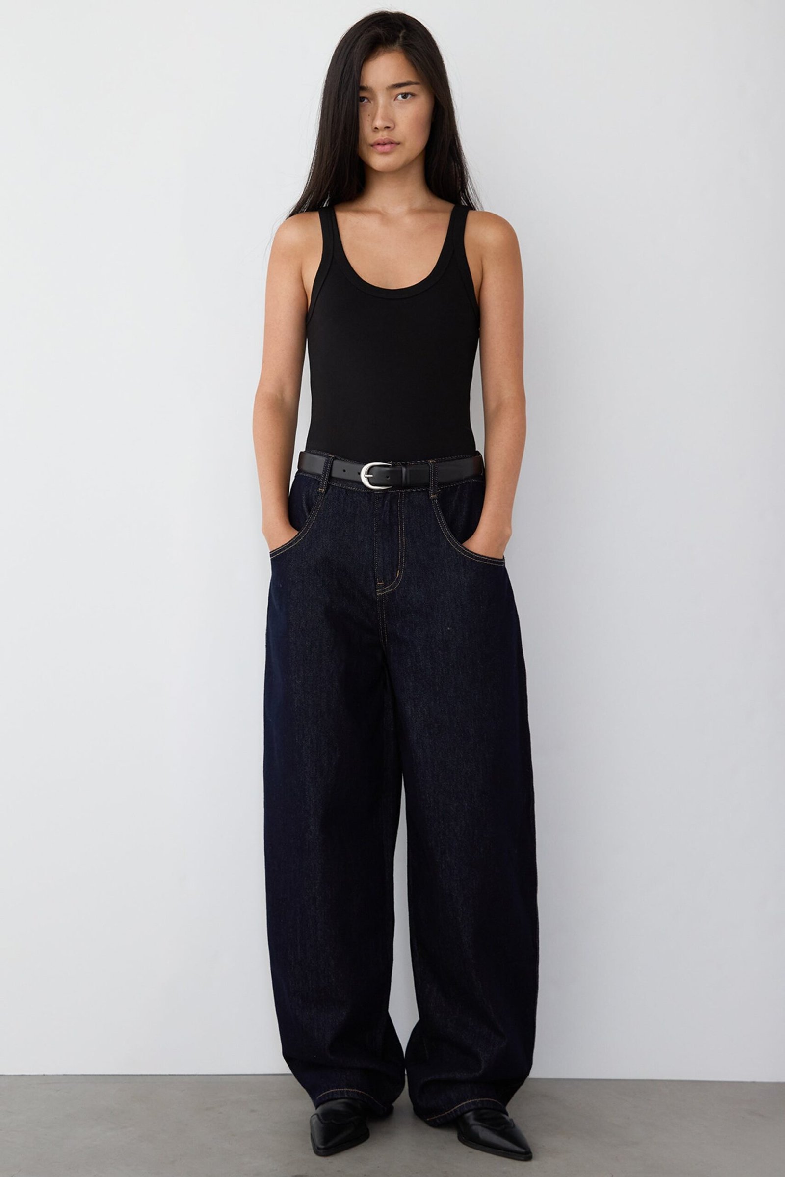 Denim-14900_DARK_BLUE-1.jpg High Rise Barrel Leg Dark Blue Wash Jean - Image 1