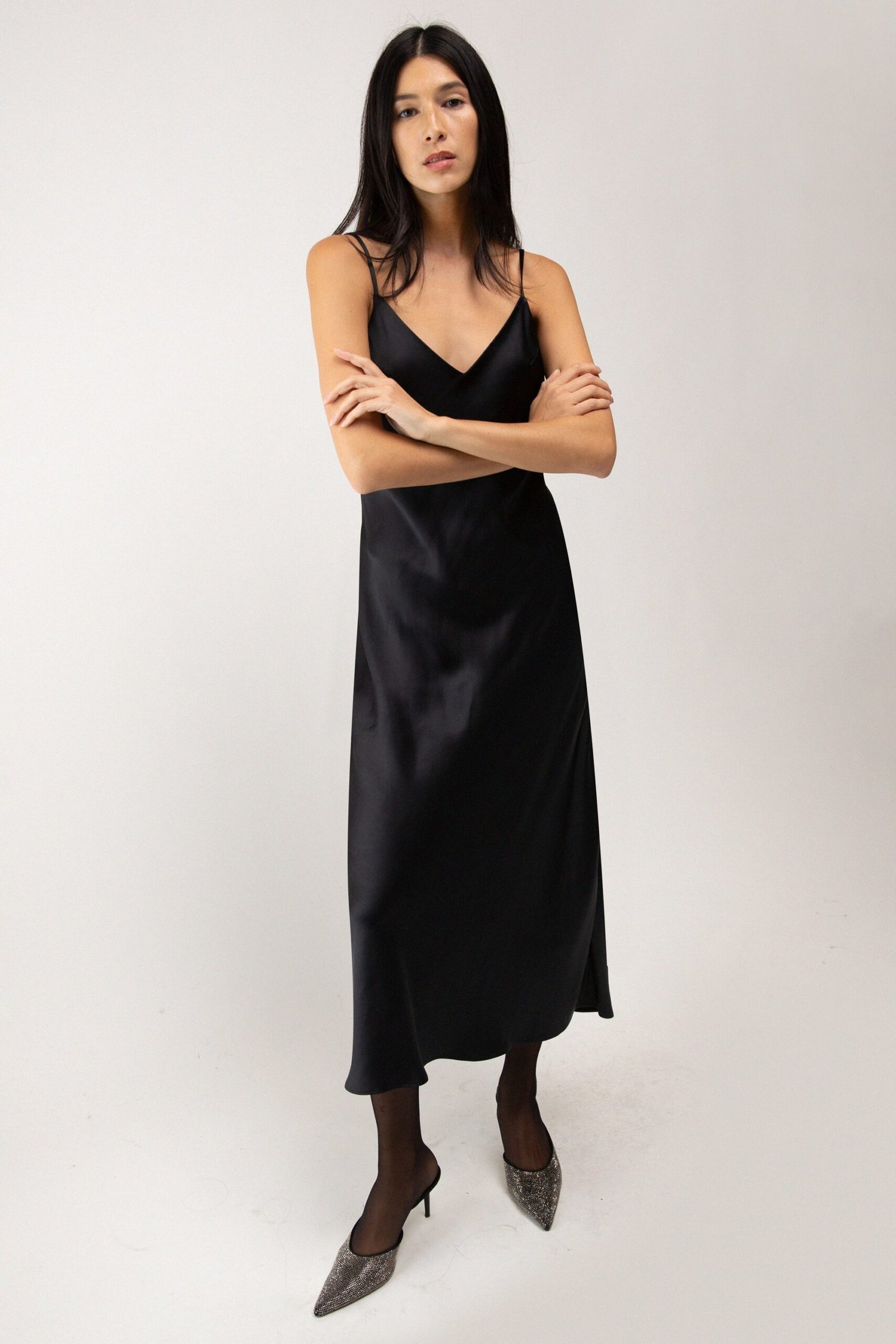 Dress-11706_Black-1.jpg Satin V-Neck Slip Midi Dress - Image 1