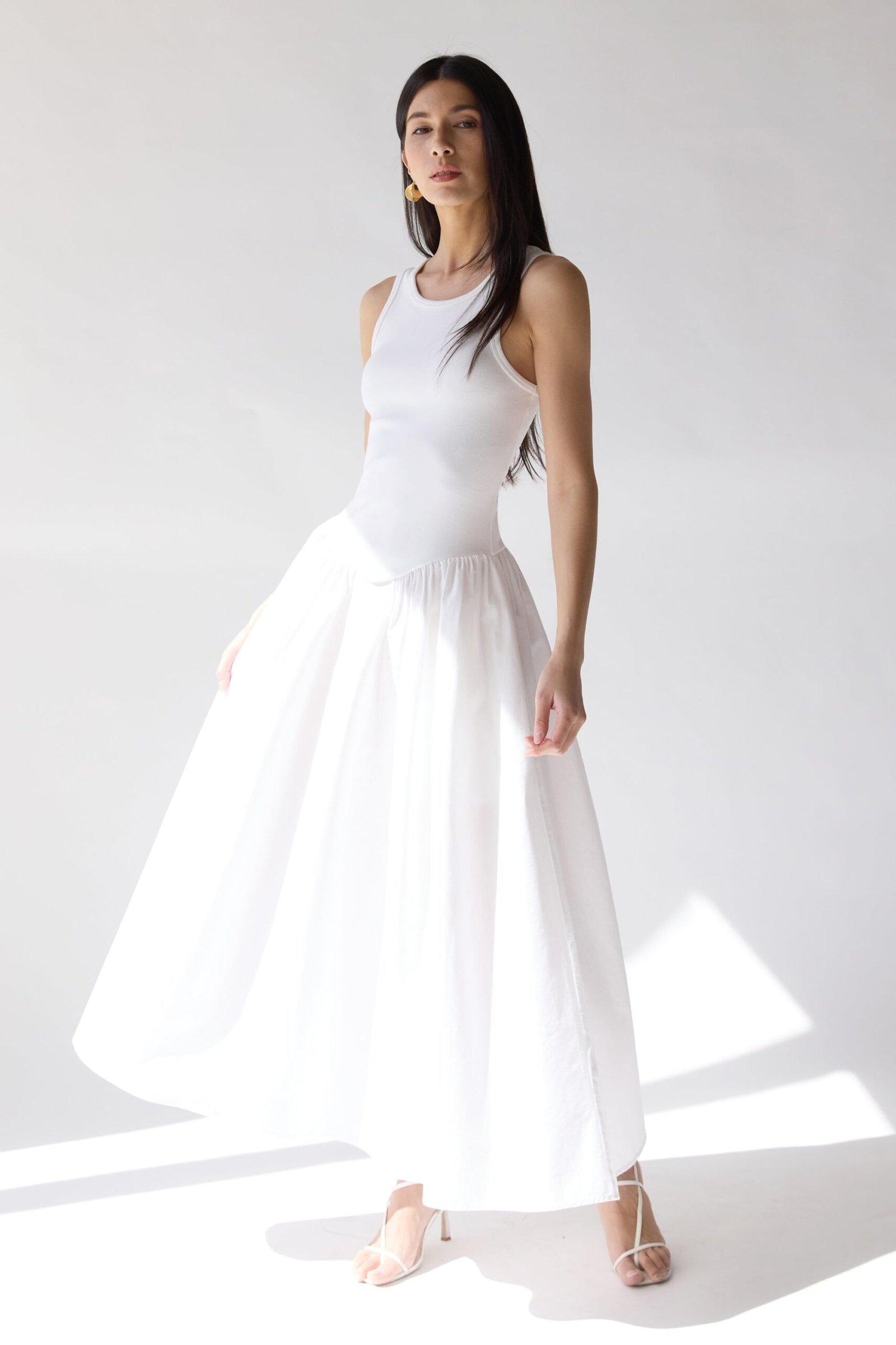 Dress-12311_White-1.jpg Poplin Rib-Knit Drop Waist Midi Dress - Image 1