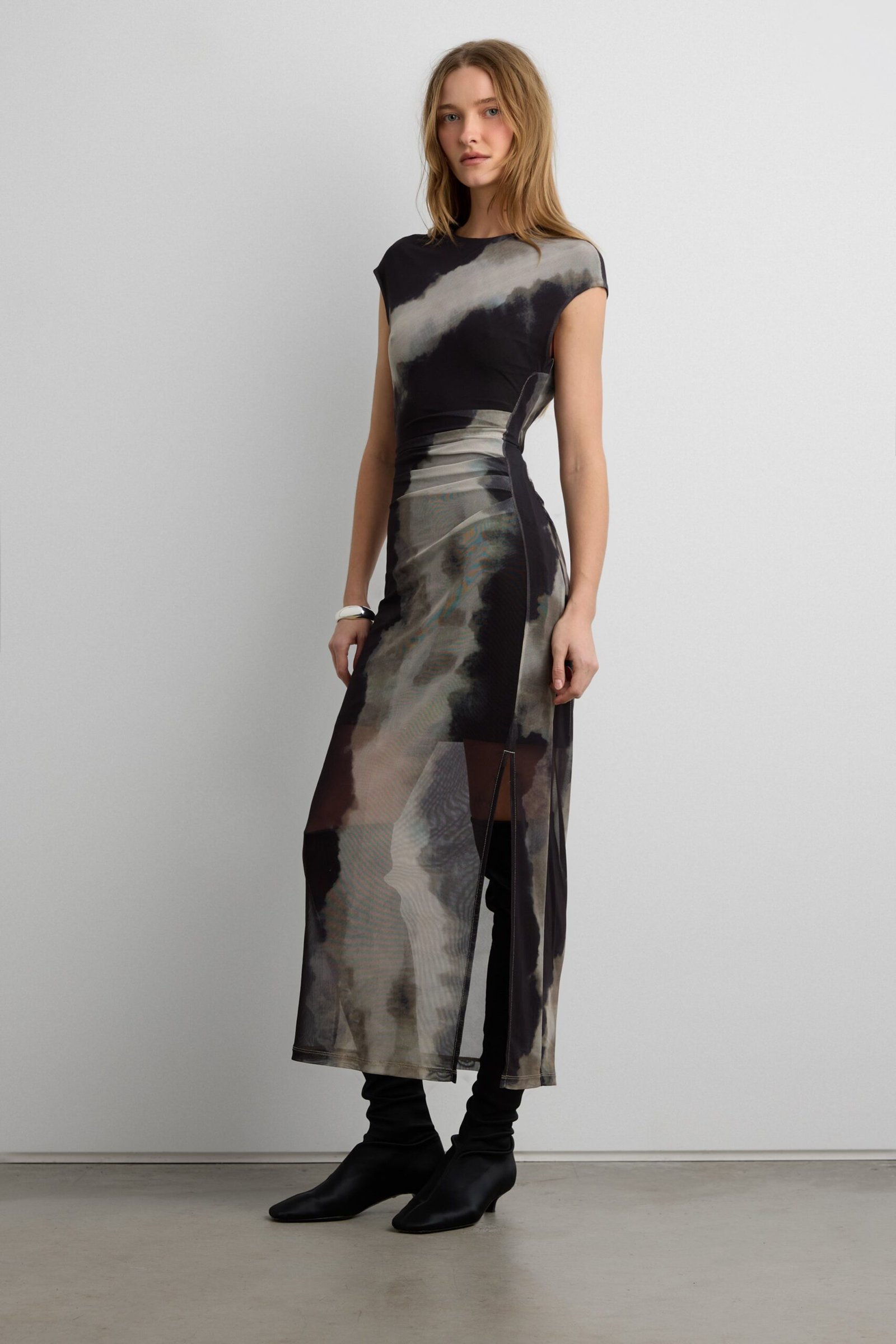 Dress-12992_Smoke_Beige-1.jpg Sleeveless Mesh Maxi Dress - Image 1