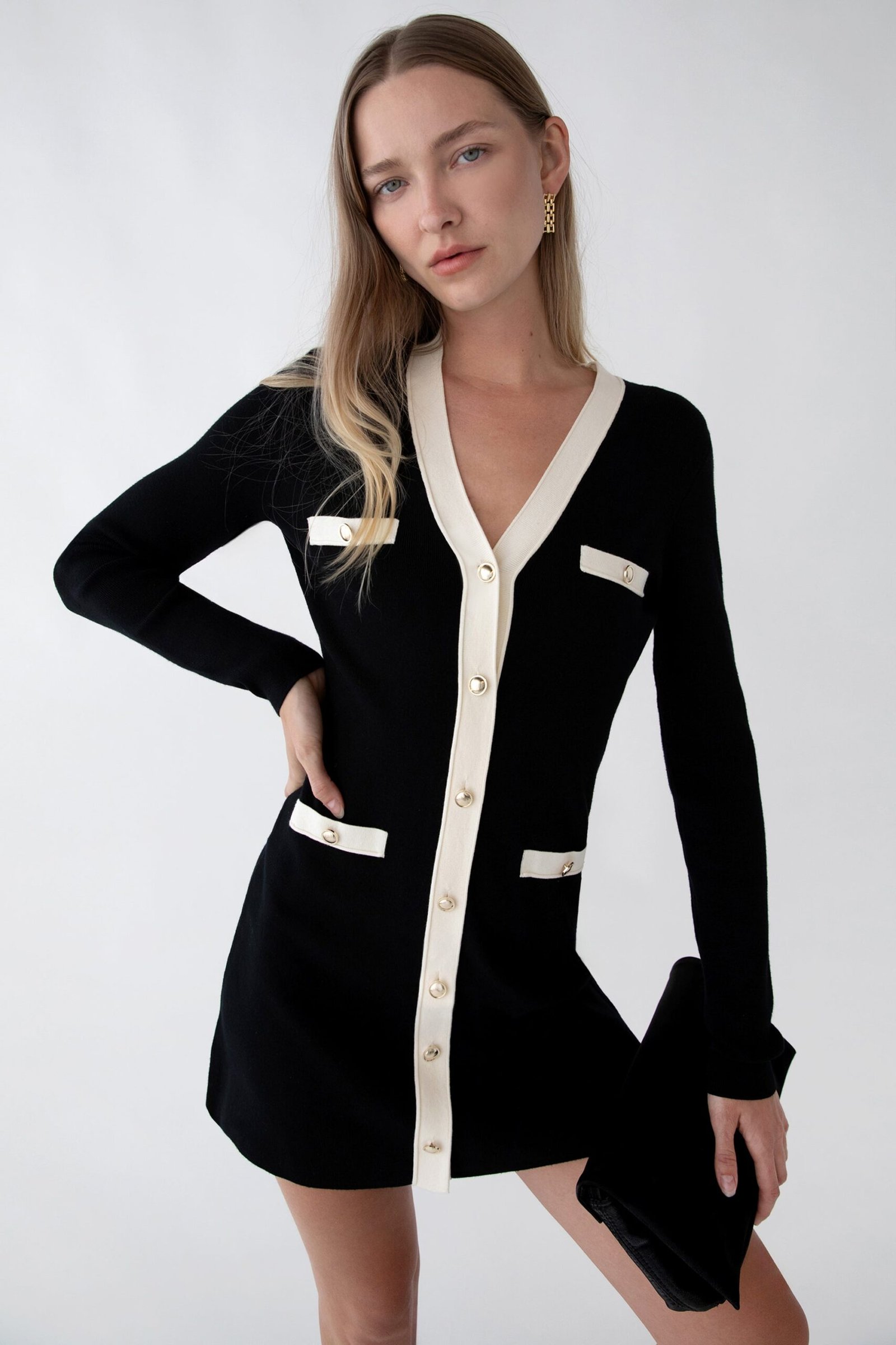 Dress-13557_Black_Cream-1.jpg Contrast Trim Button Front Knit Mini Dress - Image 1