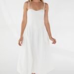 Cotton Poplin V-Waist Bubble Hem Midi Dress