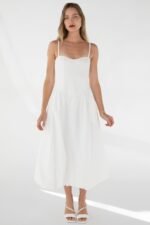Cotton Poplin V-Waist Bubble Hem Midi Dress