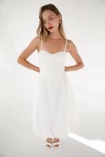 Cotton Poplin V-Waist Bubble Hem Midi Dress - Image 2