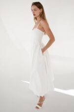 Cotton Poplin V-Waist Bubble Hem Midi Dress - Image 3