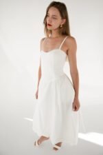 Cotton Poplin V-Waist Bubble Hem Midi Dress - Image 4
