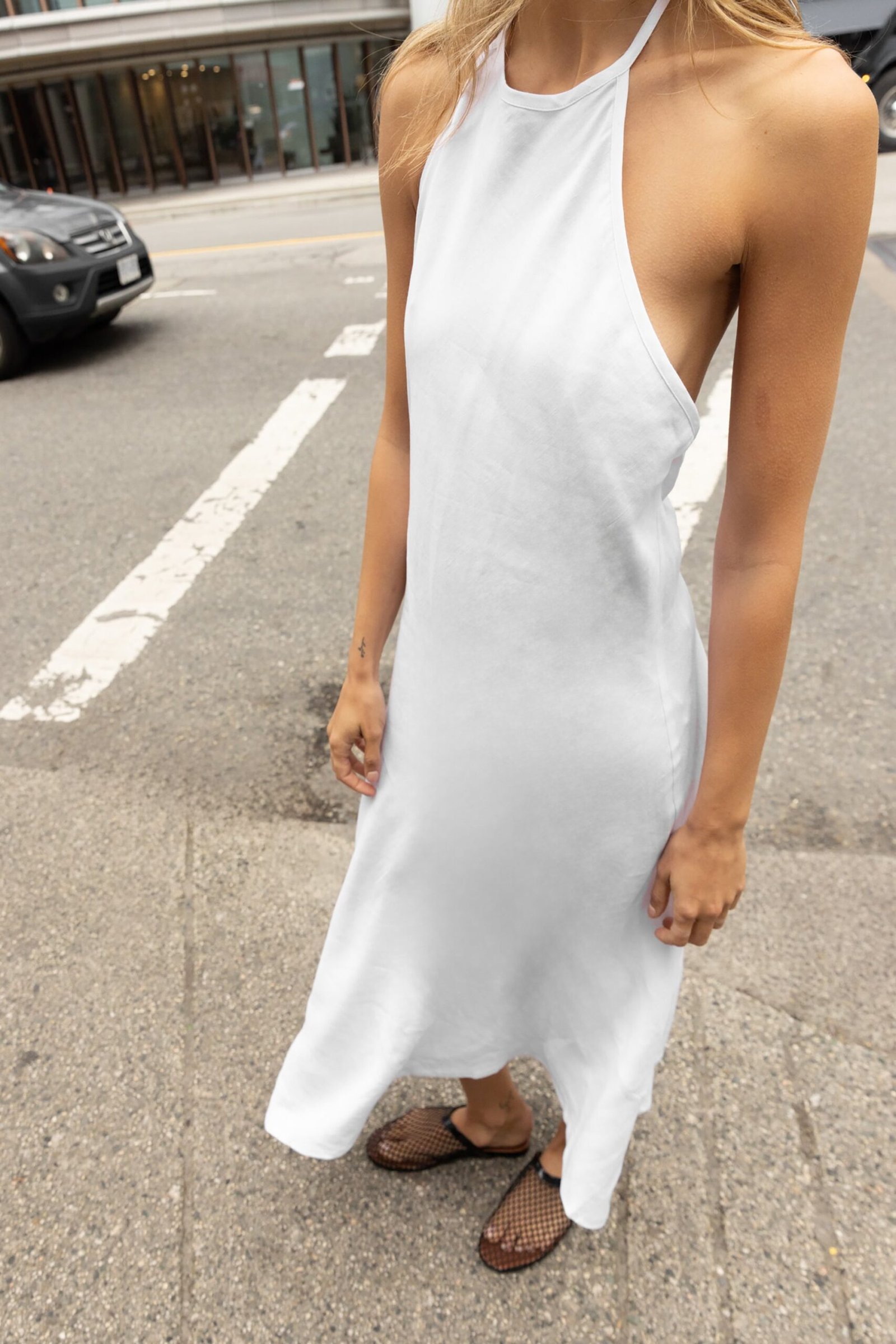 Dress-14024_White-1.jpg Linen Blend Halter Neck Midi Dress - Image 1