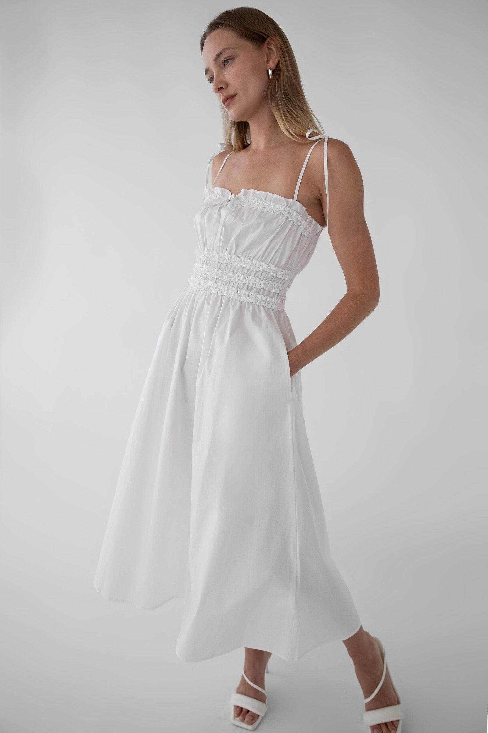 Dress-14027_White-1.jpg Shirred Bodice Midi Dress - Image 1
