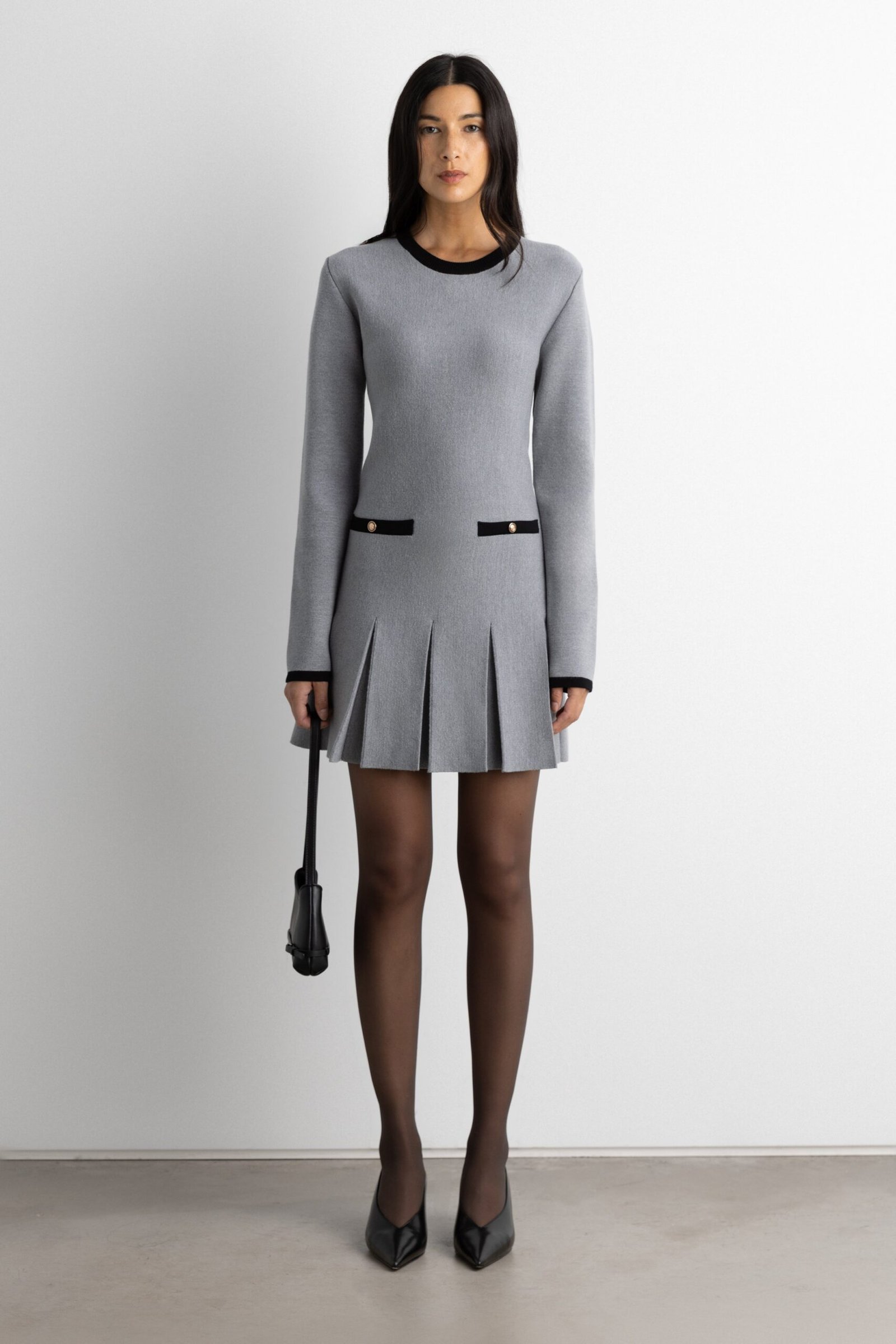 Dress-14246_Dark_Heather_Grey_Black-1.jpg Contrast Trim Pleated Mini Dress - Image 1