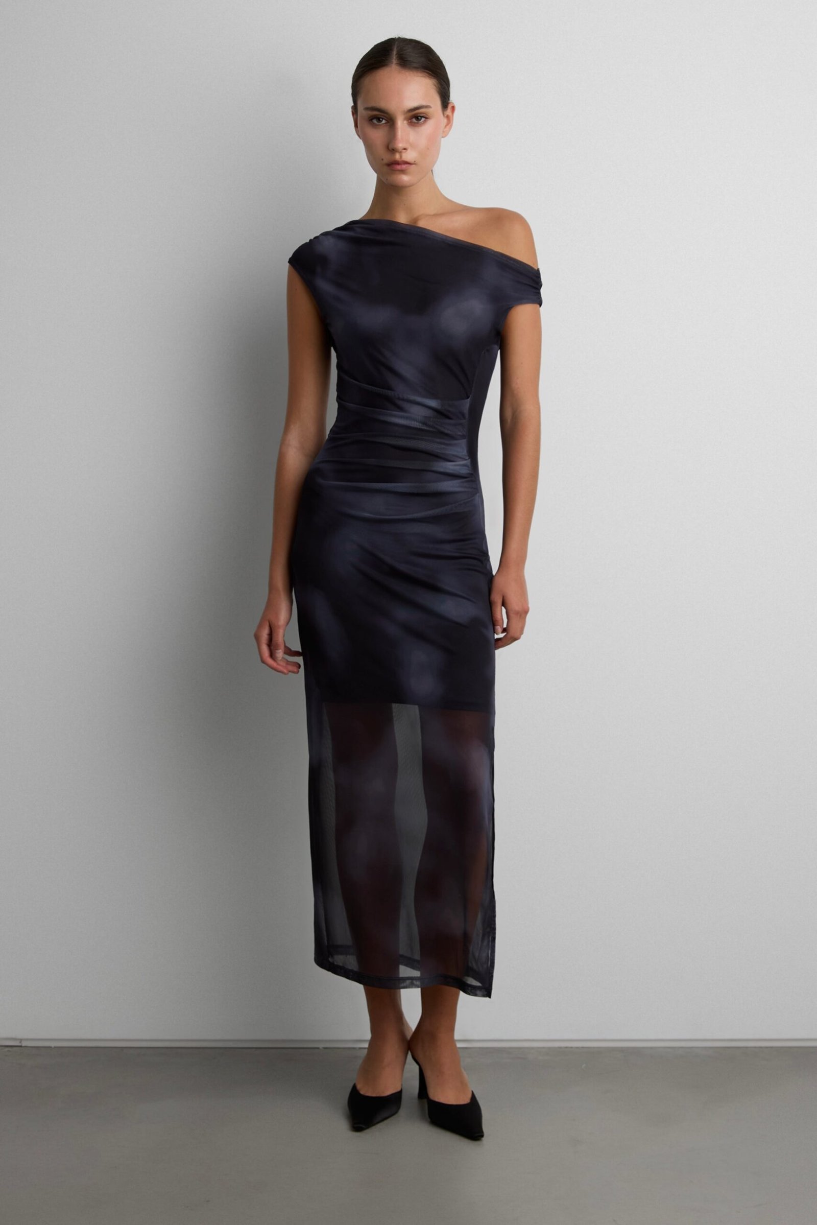 Dress-14380_Black_Smoke_Print-1.jpg Printed Off Shoulder Midi Dress - Image 1