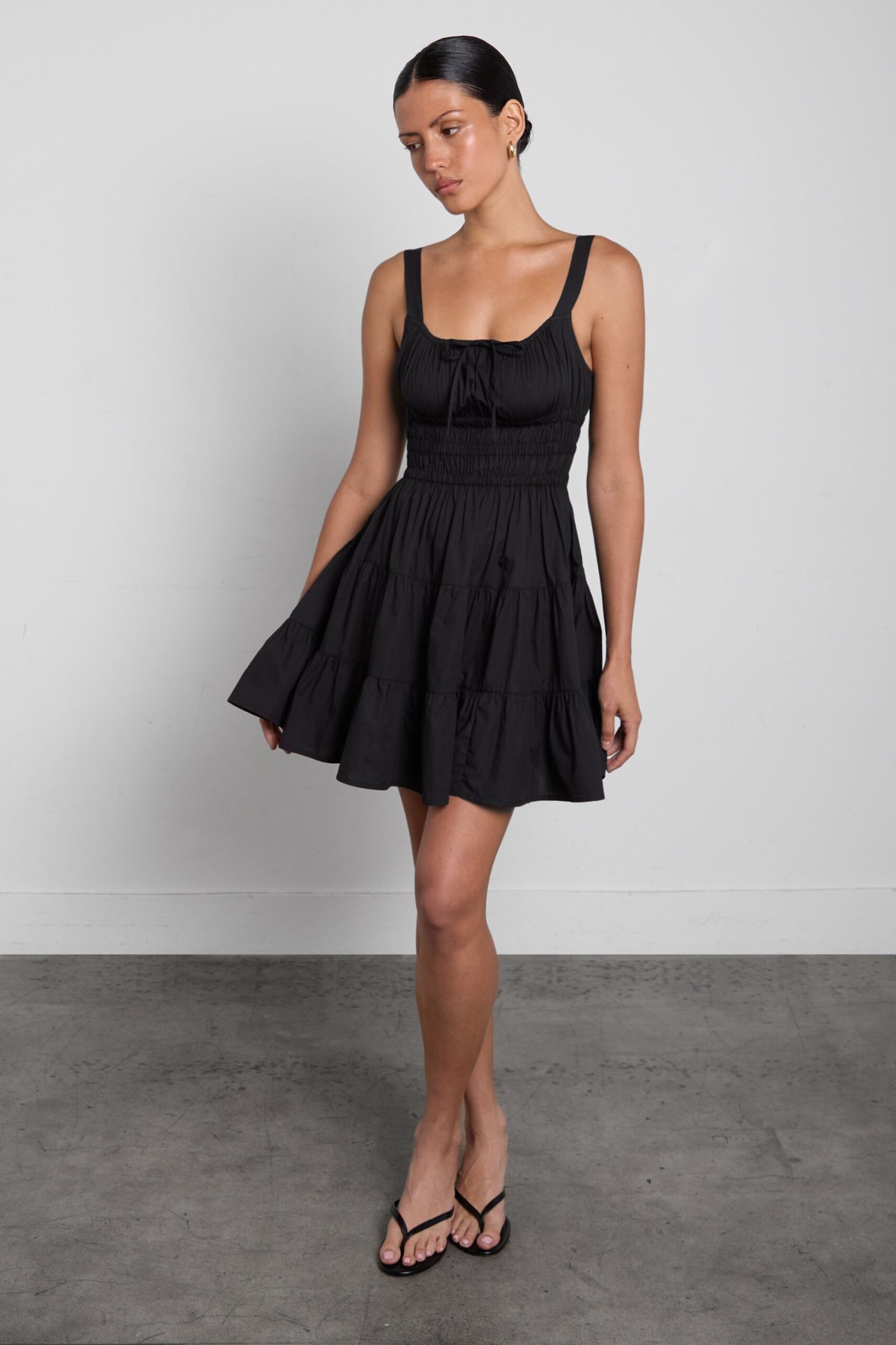 Dress-14650_Black-1.jpg Gathered Cotton Poplin Mini Dress - Image 1