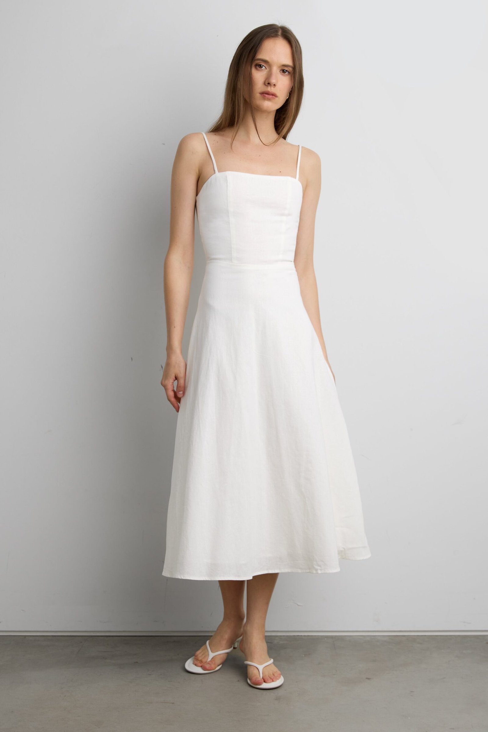Dress-15628_White-1.jpg Linen Blend Midi Dress - Image 1