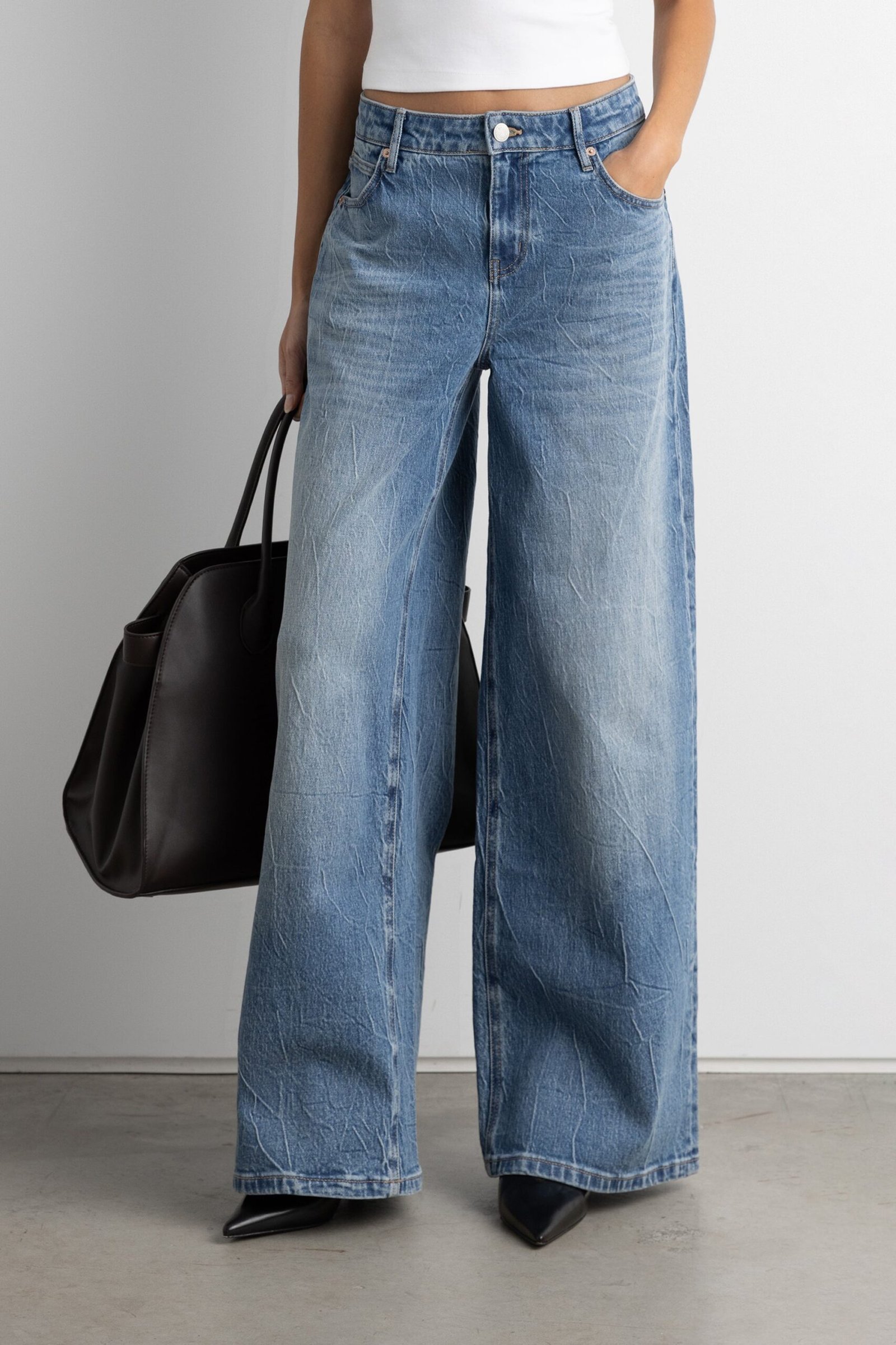 Jean-14280_Sand_Medium_Wash-1.jpg Creased Effect Wide Leg Jean - Image 1