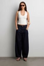 Cropped High-Rise Barrel Leg Dark Blue Wash Jean