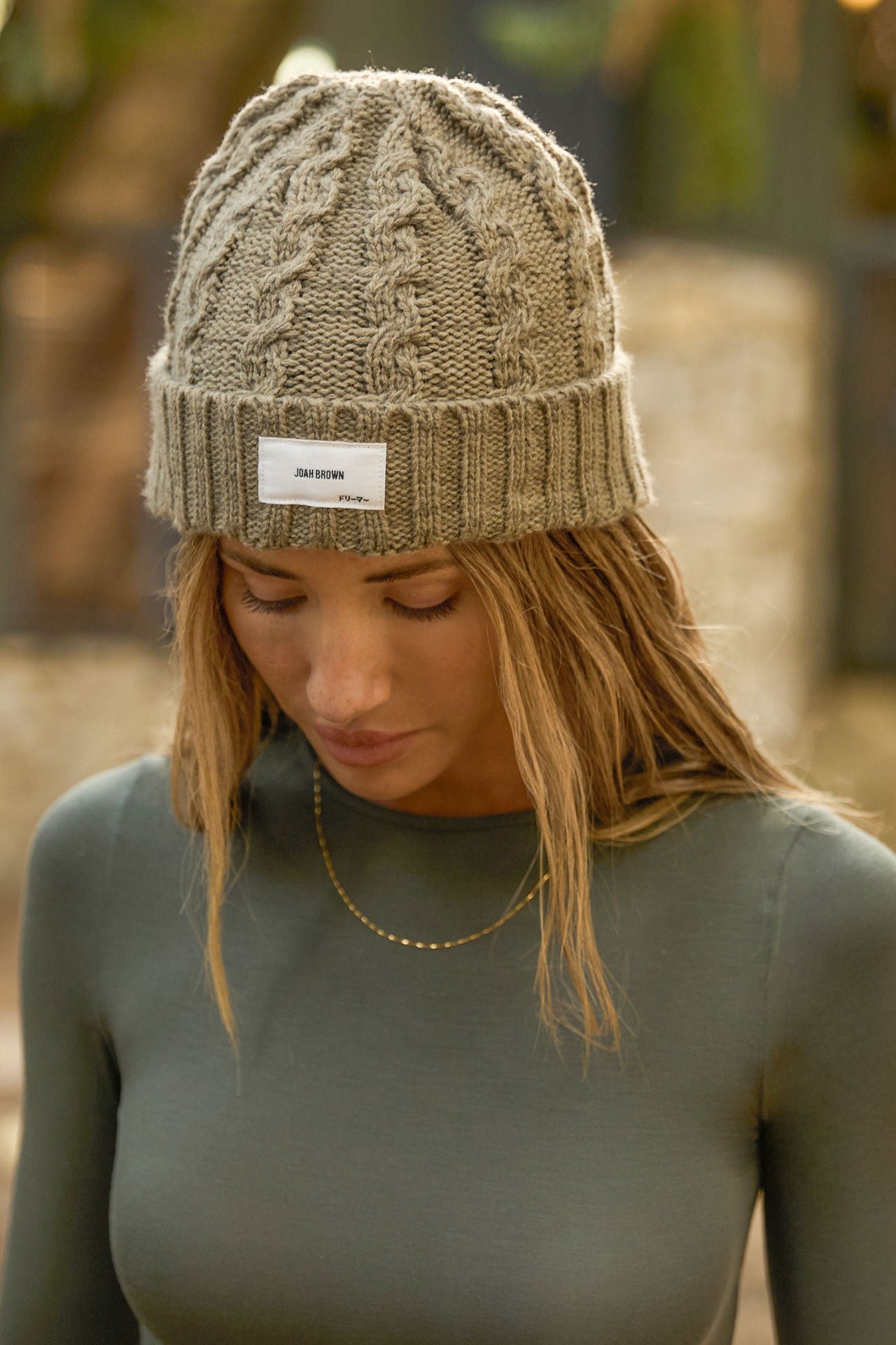 Joah-Brown-Lifestyle-Ecomm-Classic-Crew-Long-Sleeve-Spruce-Cable-Knit-Beanie-Oak-849_da8fa20c-27d9-4263-8e0d-aa027edbc897.jpg Cable Knit Beanie - Image 1