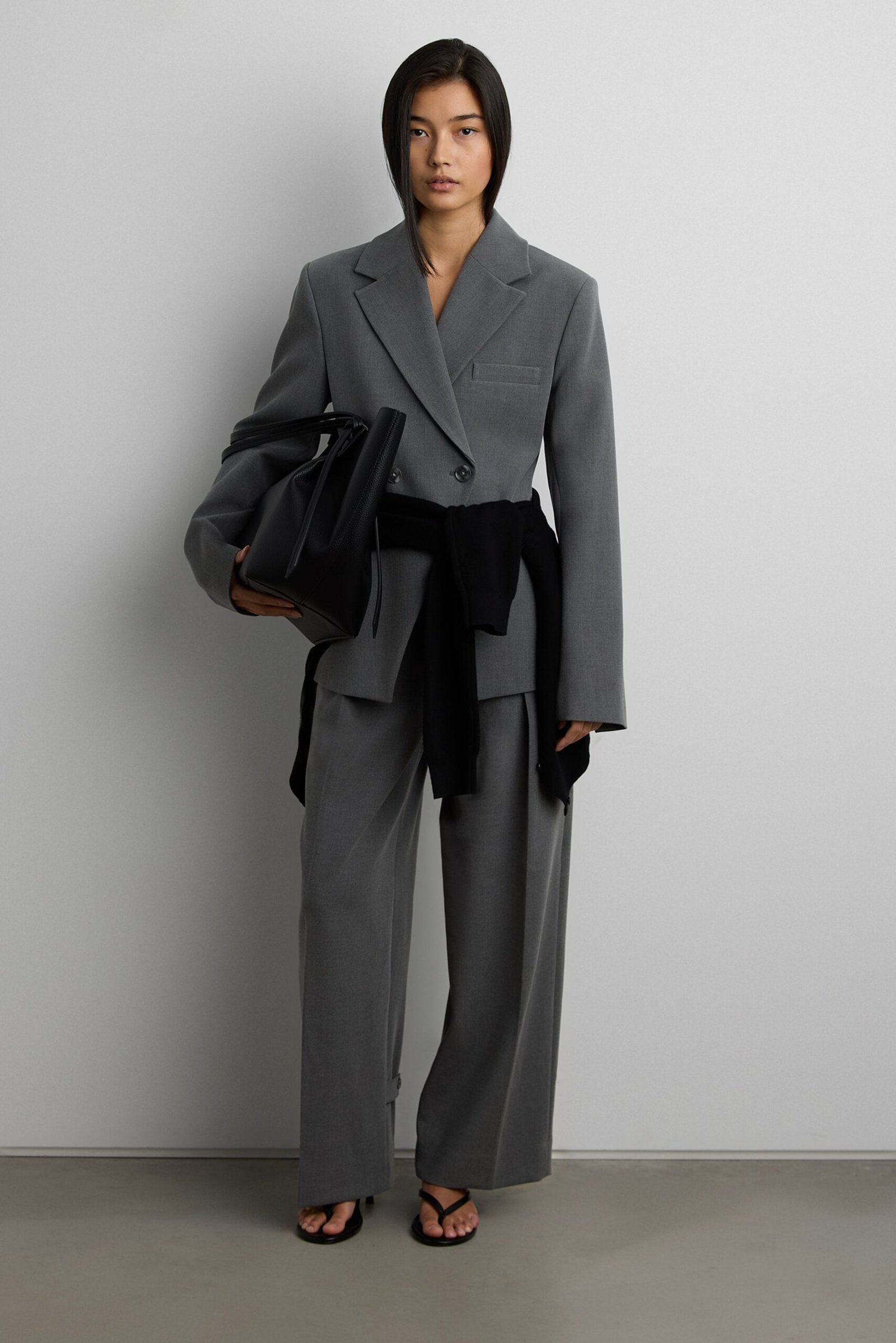 Outerwear-15371_Medium_Heather_Grey-1.jpg Cinched Waist Double-Breasted Blazer - Image 1