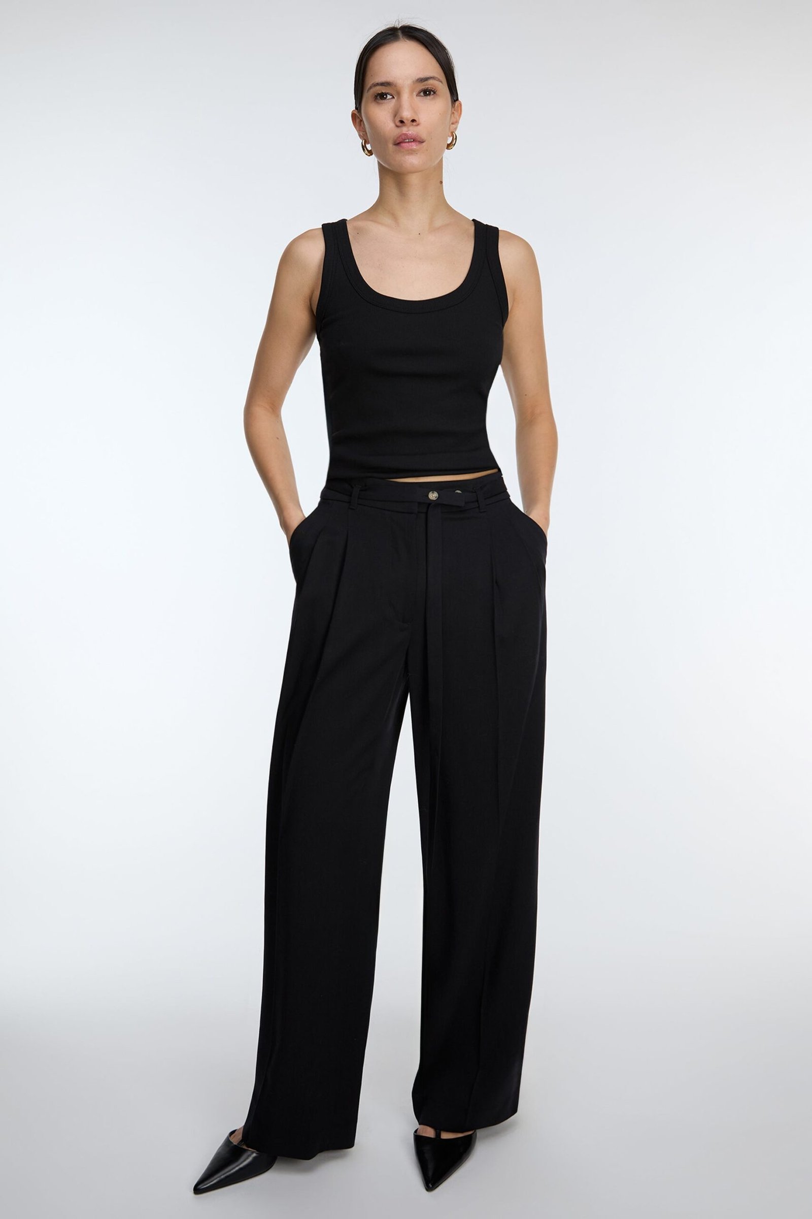 Pant-13603_Black-1.jpg High-Rise Wide Leg Belt Detail Trouser - Image 1