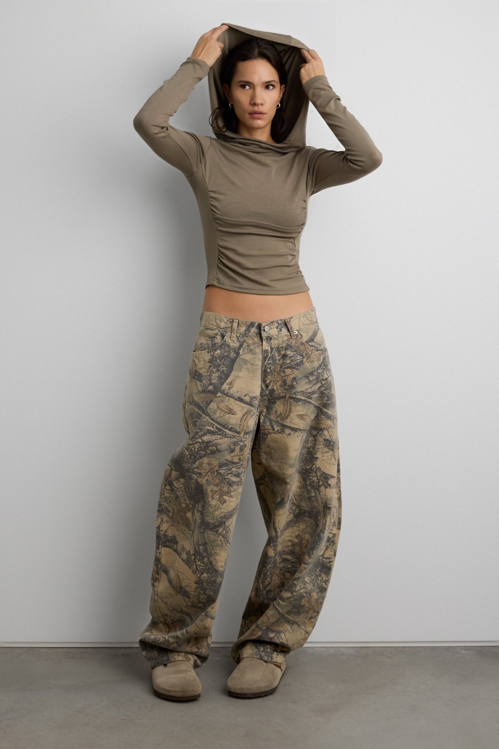 Pant-15854_Beige_Print-1.jpg Camo Print Barrel Leg Pant - Image 1