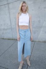 Front Slit Denim Midi Skirt