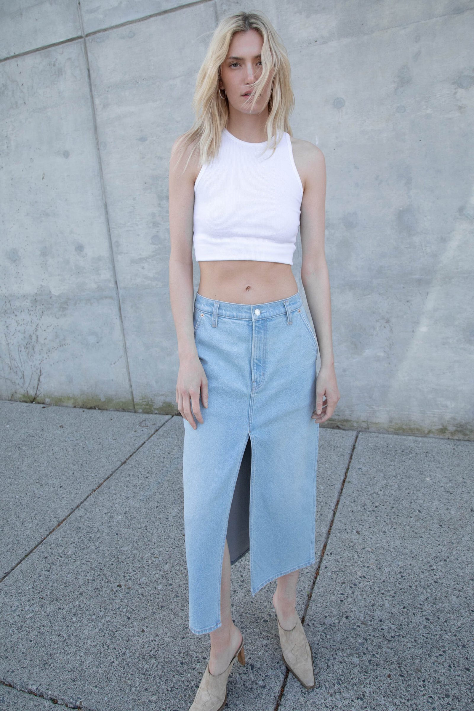 Skirt-12073_Bleached-1.jpg Front Slit Denim Midi Skirt - Image 1