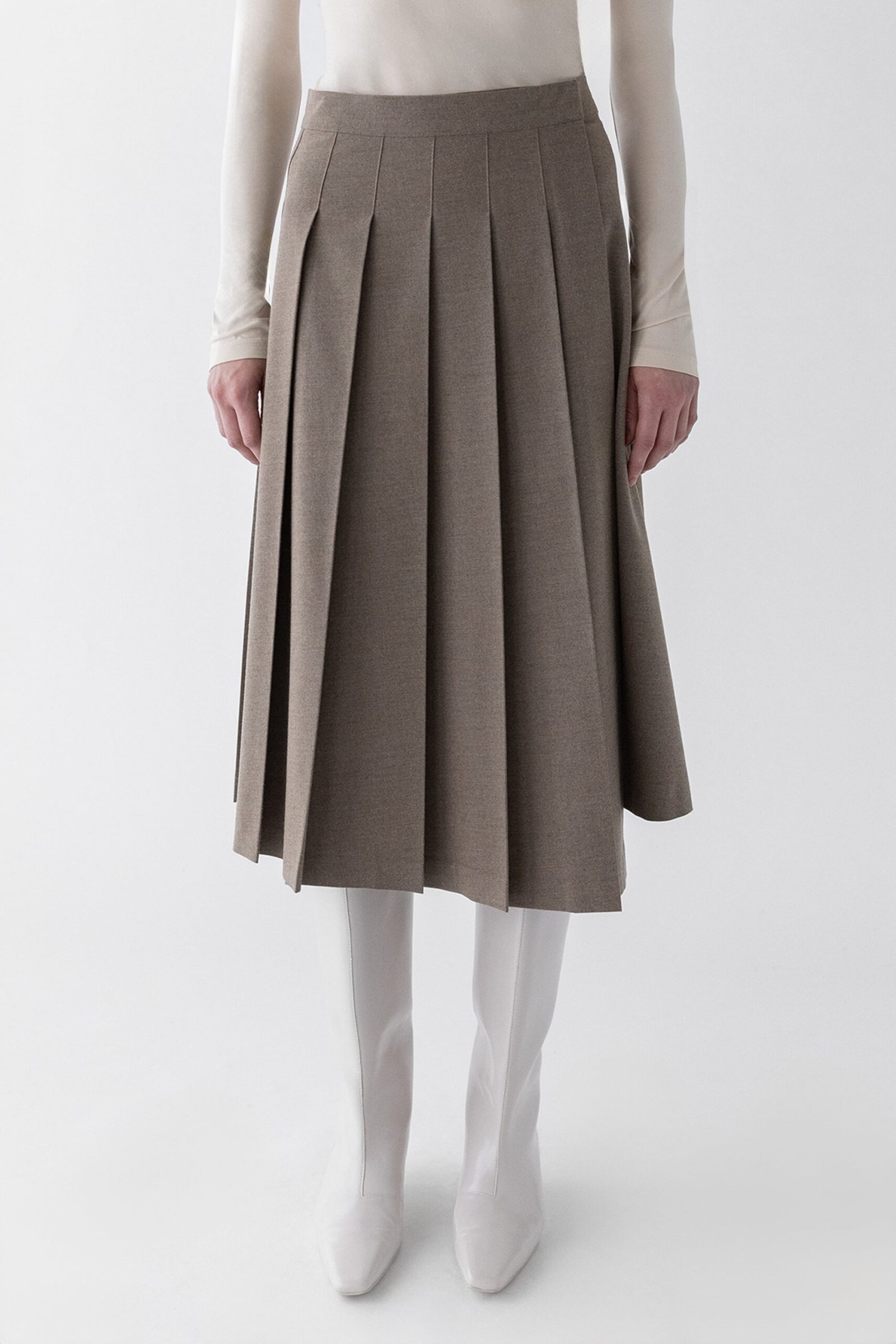 Skirt-13042_Taupe-1.jpg Midi Pleated Asymmetrical Skirt - Image 1