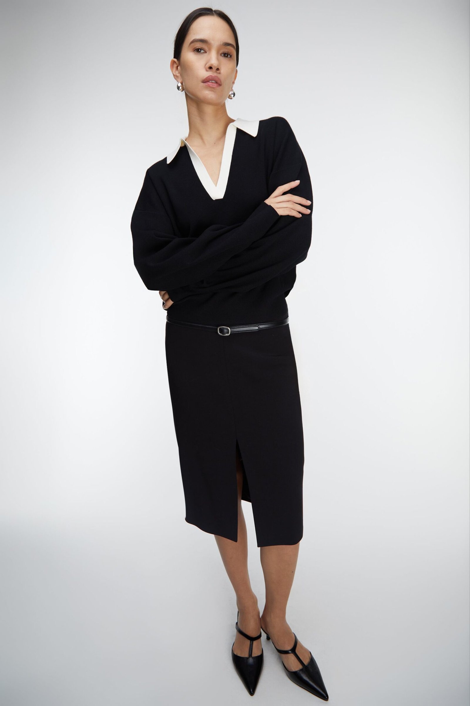 Skirt-13625_Black-1.jpg Midi Suiting Skirt With Front Slit - Image 1