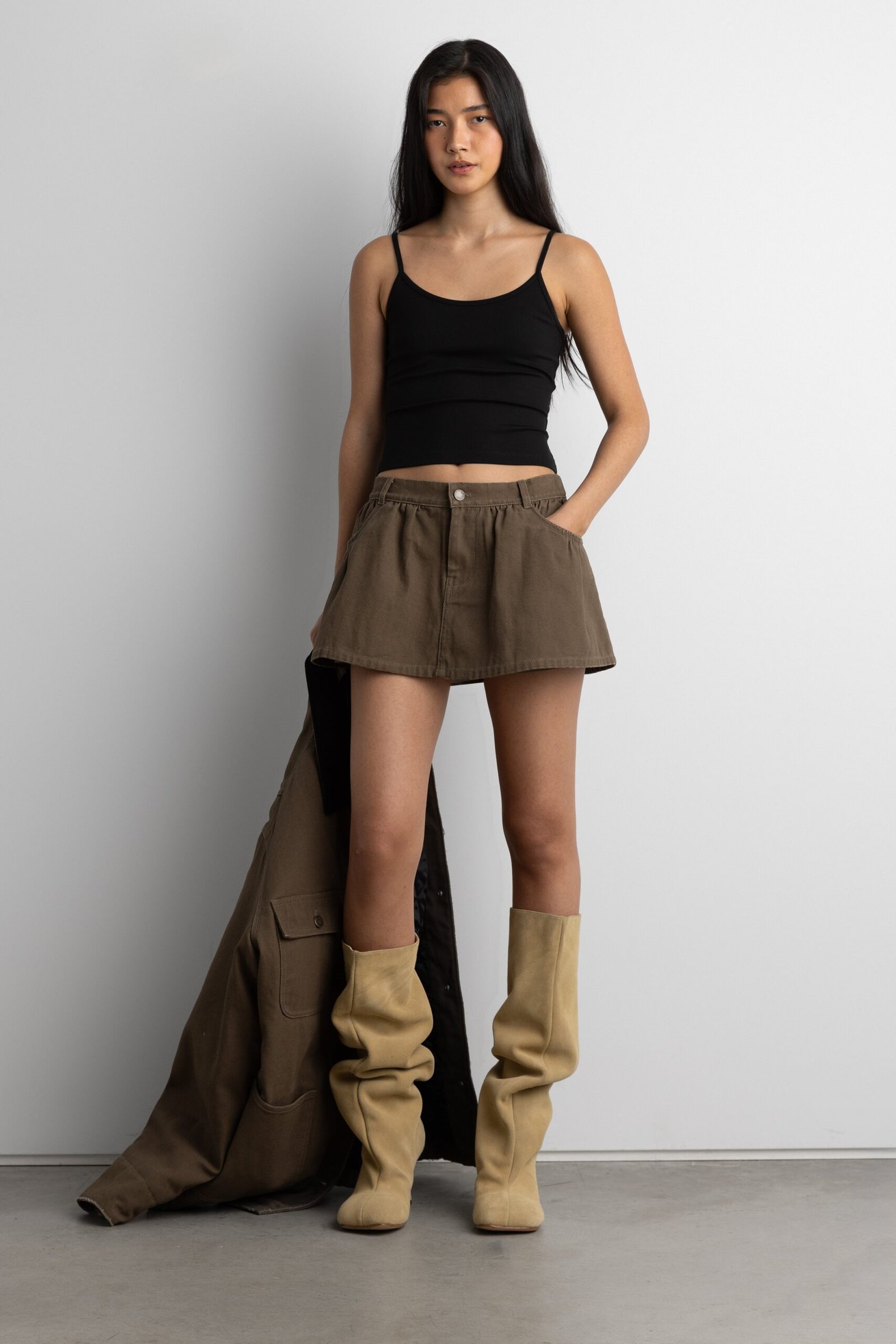 Skirt-14233_Dark_Olive-1.jpg Mini Canvas Pleated Skort - Image 1