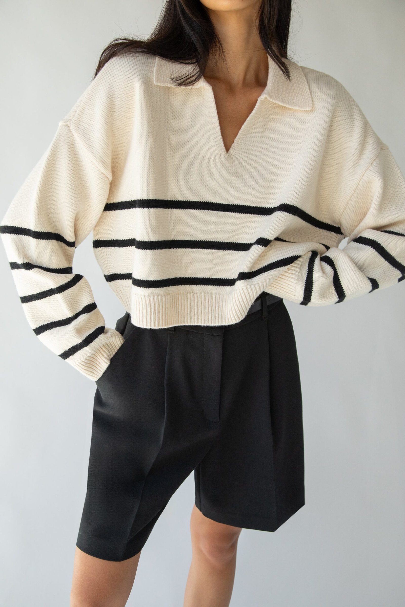 Sweater-11210_Cream_Black-1.jpg Collared Stripe Sweater - Image 1