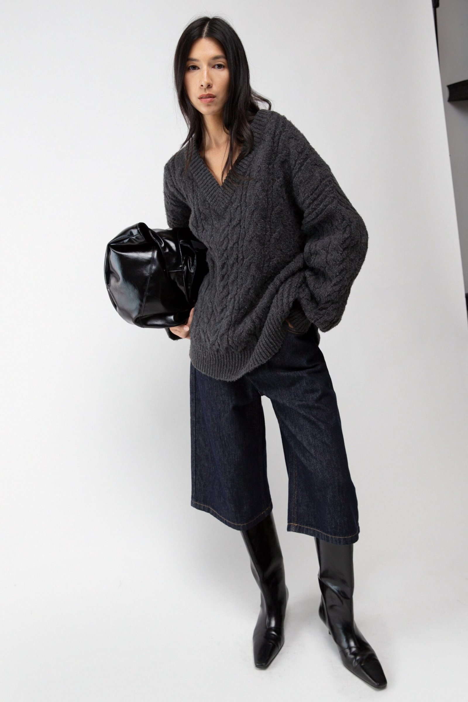 Sweater-11298_Asphalt-1.jpg Cable Knit V-Neck Sweater - Image 1