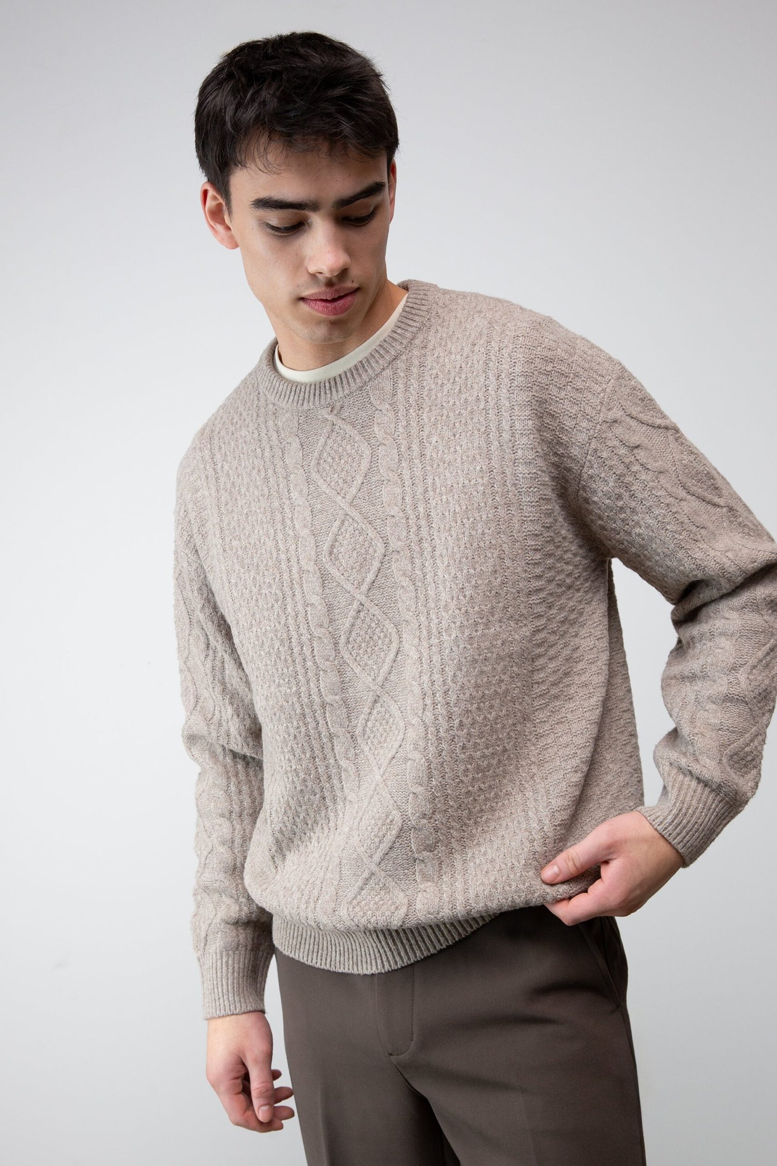 Sweater-11336_STUCCO-1.jpg Cable Knit Crewneck Sweater - Image 1
