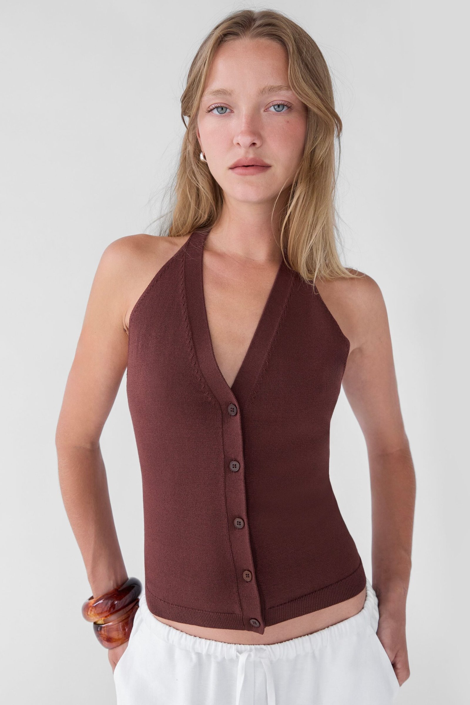 Sweater-14004_Brown_Stone-1.jpg Knit Halter Button Front Tank - Image 1