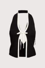 Knit Halter Top With Contrast Bow - Image 4