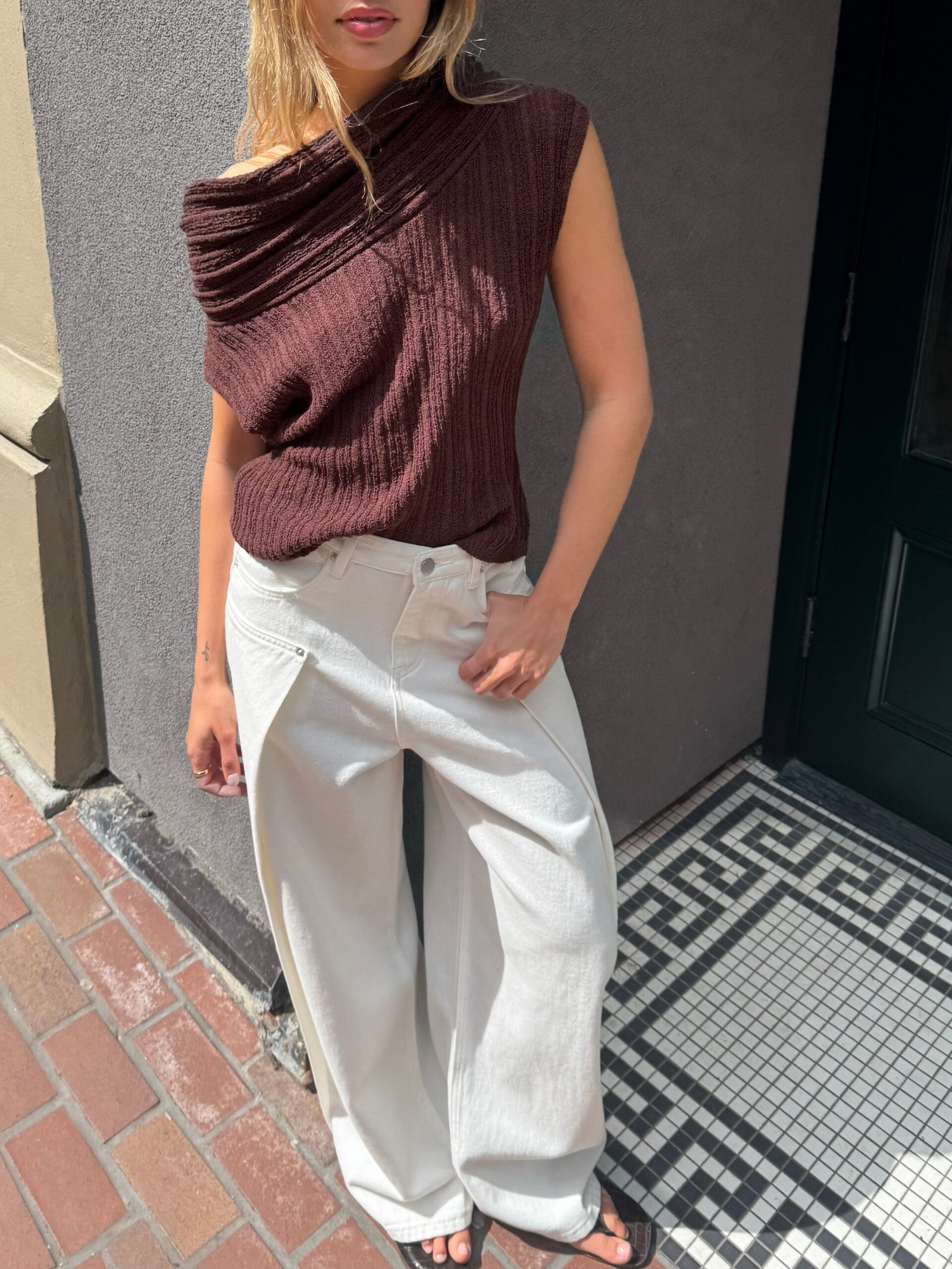 Sweater-14064_Brown_Stone-1.jpg Slouchy Off The Shoulder Short Sleeve Sweater - Image 1