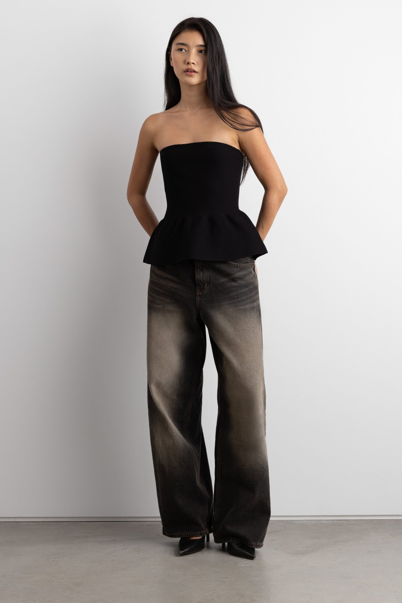 Sweater-14474_Black-1.jpg Knit Peplum Tube Top - Image 1