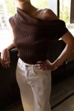 Short Sleeve Off The Shoulder Knit Sweater - Image 6