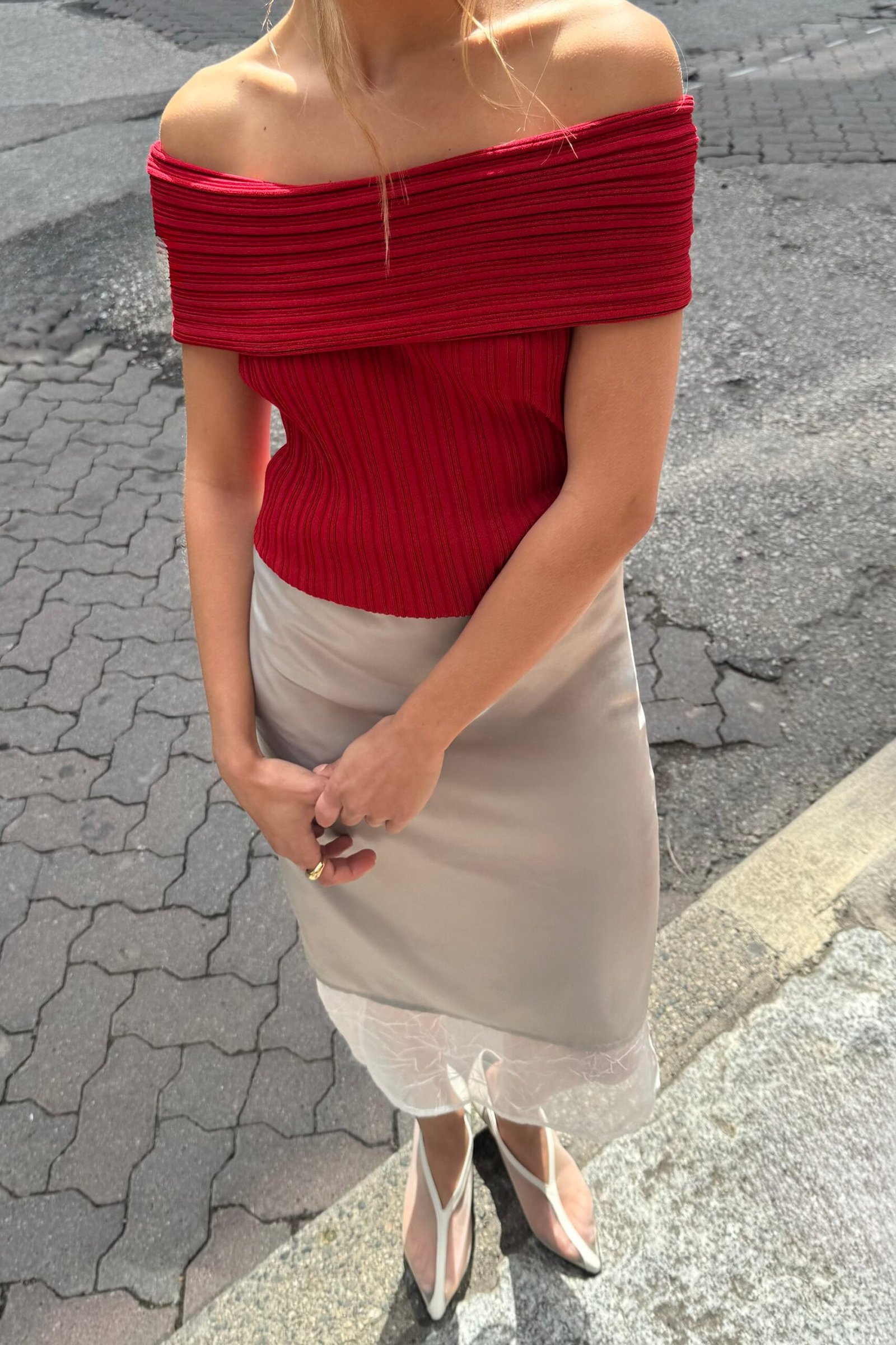 Sweater-14783_Crimson-1.jpg Short Sleeve Off The Shoulder Knit Sweater - Image 1